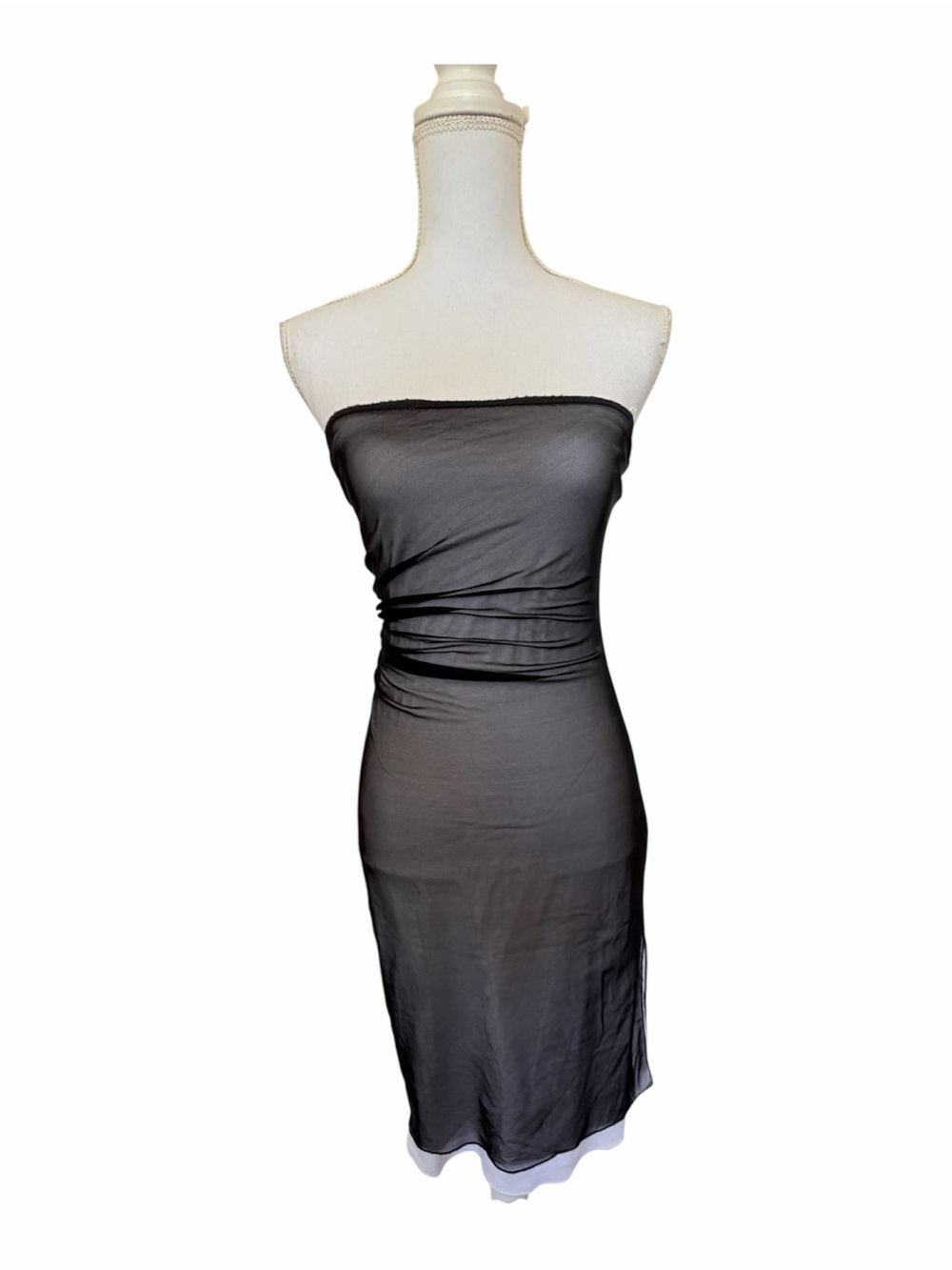 NWT Vtg Y2K Nicole Miller Millennium Black Mesh Strapless Ruched Midi Dress S
